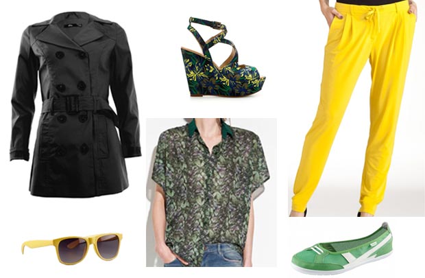 lookjamaique Trench en coton, Mim 29,99€ - Lunettes de soleil, Bershka 4,99€ - Compensées fleuries, Zara 29,99€ - Chemisier (dos transparent), Zara 9,99€ - Jogger Soft Grey, via La Redoute 31,99€ - Ballerines sportives Decathlon 5€.
