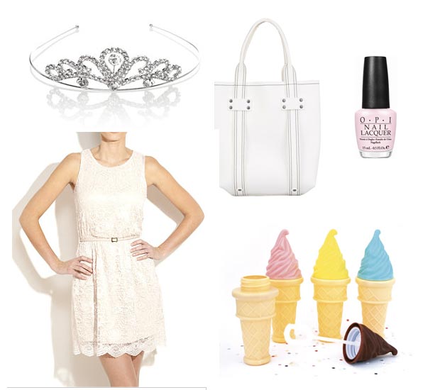 Getthelook_Vuitton Robe ceinturée en dentelle New Look, 39,99€ - Diadème Accessorize, 15,90€ - Cabas Square S Neopren Stephane Verdino 79€ chez Sarenza - Vernis Opi Play The Peonies - Distributeur bulles de savon Glace chez MonkeyChoo, 3,50€