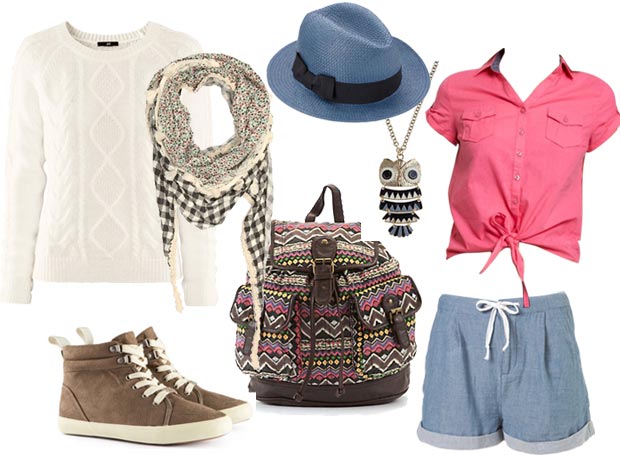 Pull, H&M 14,95€ - Baskets, H&M 19,95€ - Foulard bi-matière, Pimkie 12,99€ - Panama bleu, Accessorize 7€ - Collier hibou, New Look 7,99€ - Sac à dos, New Look 24,99€ - Chemise nouée, Etam 11€ - Short en chambray, Topshop 20€.