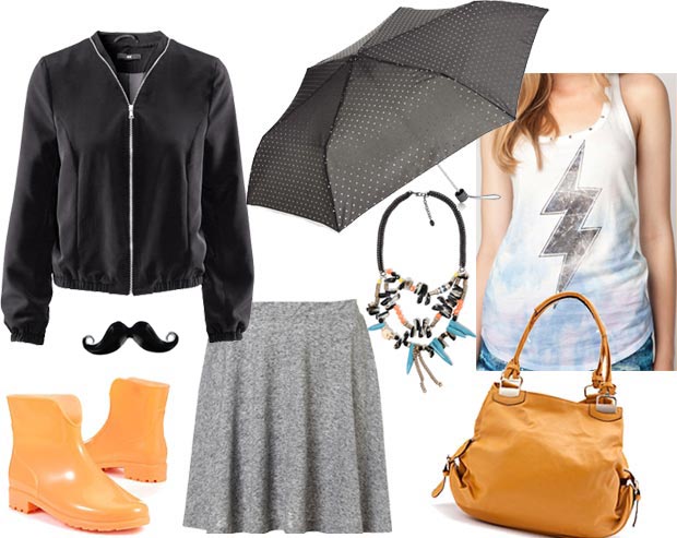 Blouson en polyester, H&M 39,99€ - Bague moustache, Mim 3,99€ - Bottines en plastique, New Look 22,99€ - Parapluie à pois argentés, Accessorize 21,50€ - Collier, Zara 19,95€ - Jupe grise chinée, Topshop 21€ - Top éclair, Bershka 14,99€ - Sac, New Look 32,99€.