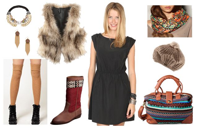 Collier H&M 34,95€, Gilet en fourrure 29,95€ - Chaussettes Asos 8,53€ - Bottes Pull&Bear 79,99€, Foulard 12,99€, Sac 39,99€ - Bonnet H&M 7,95€ 