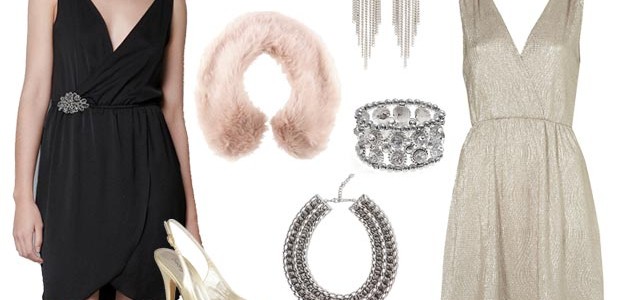 look-glam Robe noire, Zara 39,95€ - Escarpins, Georgia Rose via Sarenza 129€ - Col en fausse fourrure, H&M 9,95€ - Boucles d'oreilles strass, H&M 6,95€ - Bracelet, New Look 8,99€ - Ras-de-cou, Zara 22,95€ - Robe métallisée, Topshop 51€.