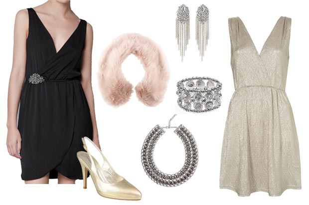 Robe noire, Zara 39,95€ - Escarpins, Georgia Rose via Sarenza 129€ - Col en fausse fourrure, H&M 9,95€ - Boucles d'oreilles strass, H&M 6,95€ - Bracelet, New Look 8,99€ - Ras-de-cou, Zara 22,95€ - Robe métallisée, Topshop 51€.