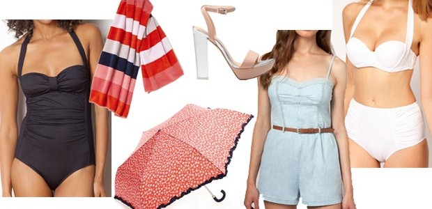 look-plage Maillot de bain noir, La Redoute 20€ - Drap de bain, Cyrillus via La Redoute 17,50€ - Sandales Bershka 69,99€ - Parapluie, Accessorize 7€ - Combinaison denim, Bershka 29,99€ - Bikini, Asos haut 19,36€ et bas 19,36€.