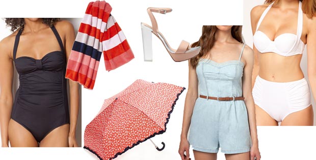 Maillot de bain noir, La Redoute 20€ - Drap de bain, Cyrillus via La Redoute 17,50€ - Sandales Bershka 69,99€ - Parapluie, Accessorize 7€ - Combinaison denim, Bershka 29,99€ - Bikini, Asos haut 19,36€ et bas 19,36€.