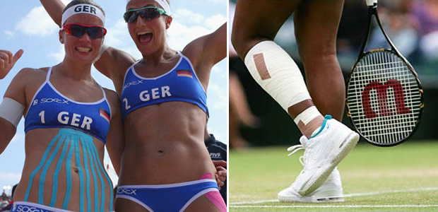 À gauche un taping sur des volleyeuses allemandes / À droite, un strapping sur le mollet et la cheville de Serena Williams