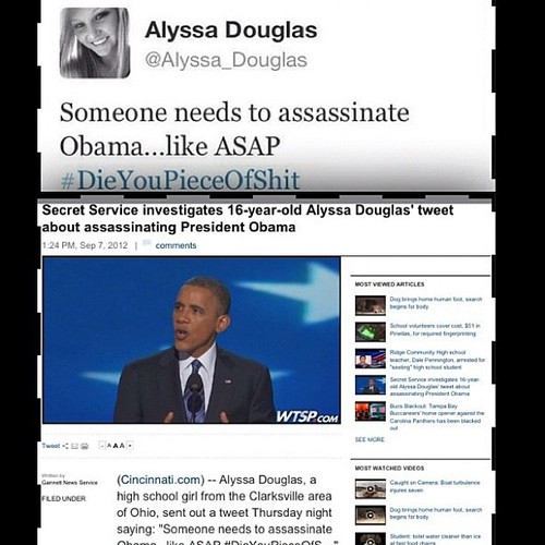 "Quelqu'un devrait assassiner Obama... Genre ASAP #MeursVieilleMerde" // Une enquête a été ouverte sur Alissa Douglas, 16 ans, à propos de l'assassinat du président Obama.