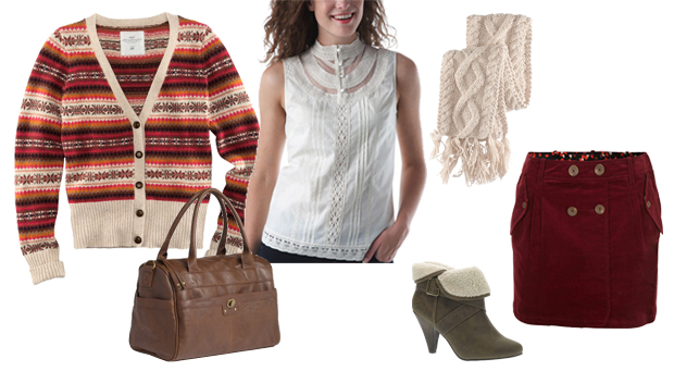 Gilet H&M 24,95€ - Chemisier Promod 34,95€ - Echarpe H&M 14,95€ - Sac La Halle 13€ - Jupe NafNaf 39,90€ - Bottines Gemo 39,99€