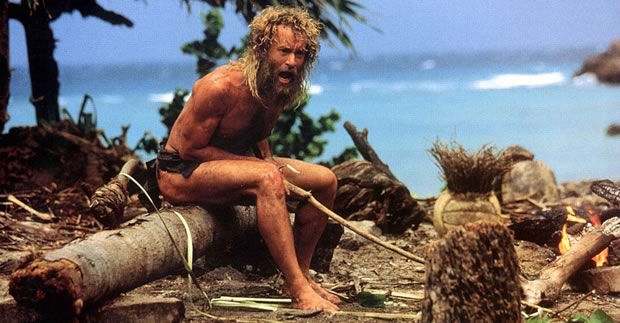 Tom Hanks, échoué sur une île déserte dans le film « Cast Away » (« Seul au monde »)