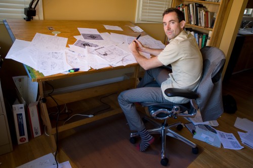 Craig Thompson at work in his home studio. Craig Thompson at work in his home studio.