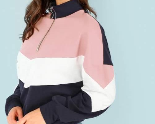 sweat zip col montant rose à bandes shein