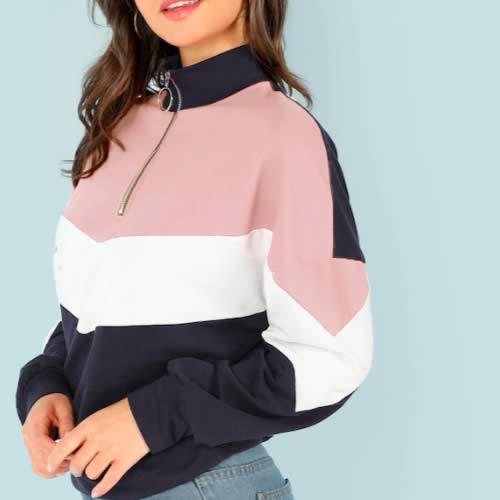 sweat zip col montant rose à bandes shein