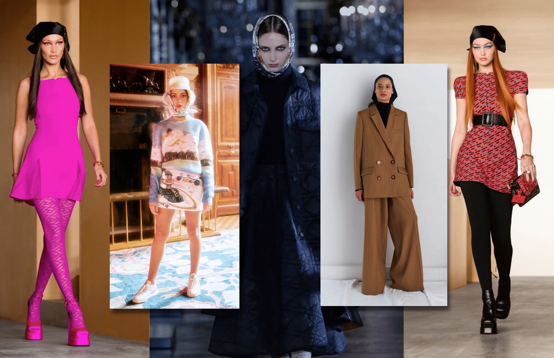 Fichus sur la tête présentés dans les collections automne-hiver 2021-2022 de Versace, Casablanca, Christian Dior, et Maison Rabih Kayrouz