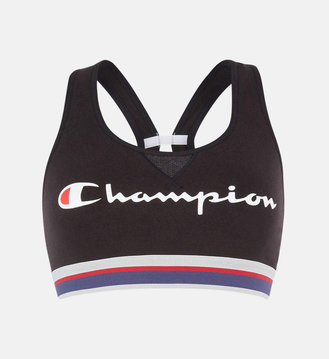 Brassière de sport en coton mélangé à logo et bord rayé, Champion, 30€.