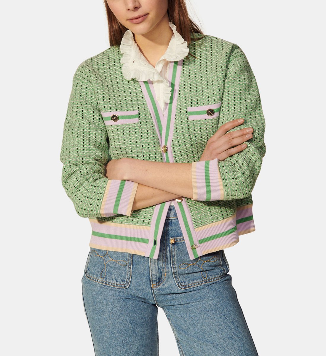 Cardigan droit en tweed de coton, Sandro, 157,50€ au lieu de 225€.