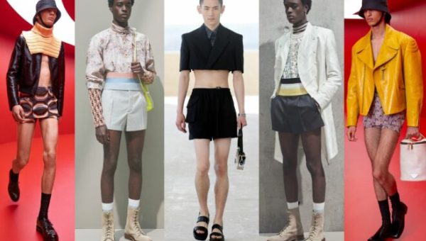 Les mini-shorts sur les podiums homme de gauche à droite : Prada printemps-été 2022, Dior PE 2021, Fendi PE 2022, Dior PE 2021, Prada PE 2022.