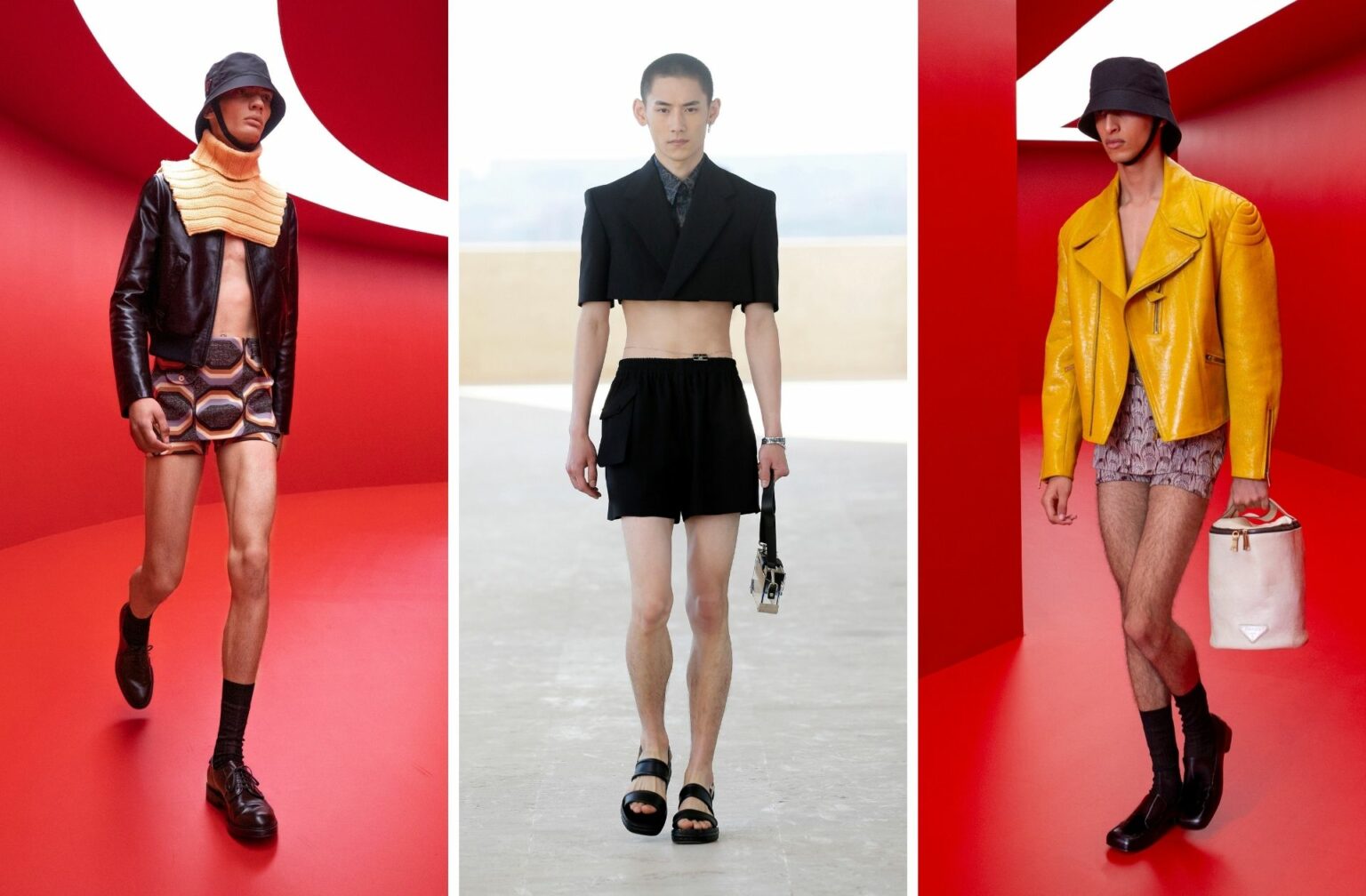 Défilés Prada homme printemps-été 2022 à gauche et à droite. Au milieu, défilé Fendi printemps-été 2022. Défilés Prada homme printemps-été 2022 à gauche et à droite. Au milieu, défilé Fendi printemps-été 2022.