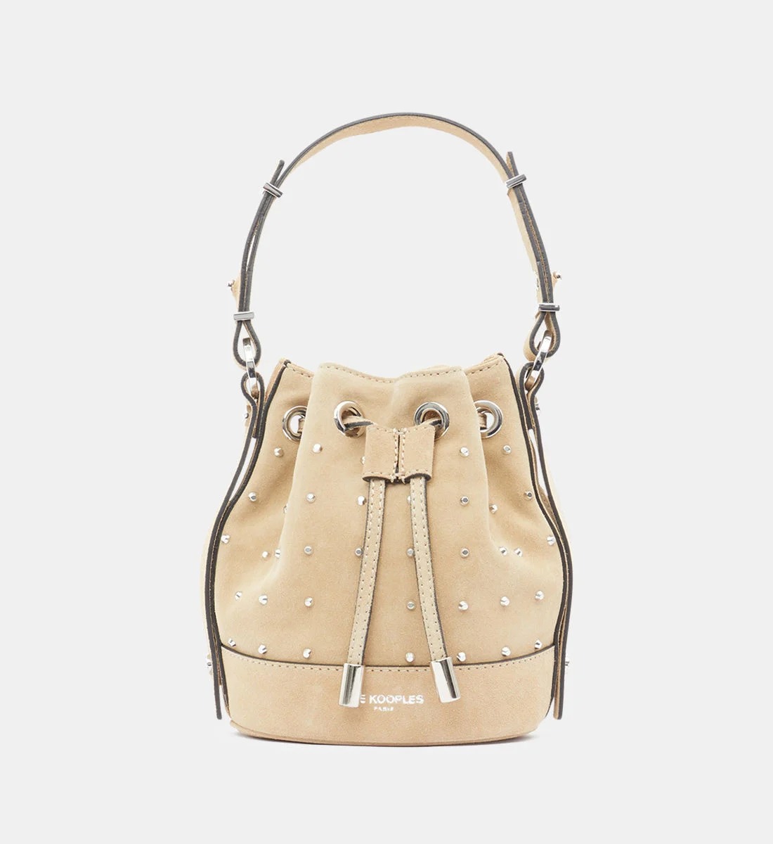 Sac seau Tina en cuir de vachette suédé et clouté, The Kooples, 236€ au lieu de 295€.