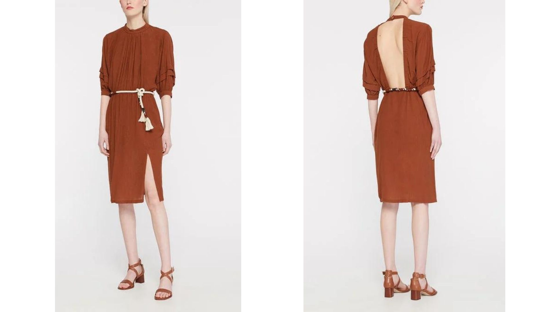 Robe-longueur-genoux-en-82-viscose-18-polyamide-à-col-rond-manches-¾-taille-élastiquée-avec-ceinture-cordelette-et-dos-nu-Sessun-98E