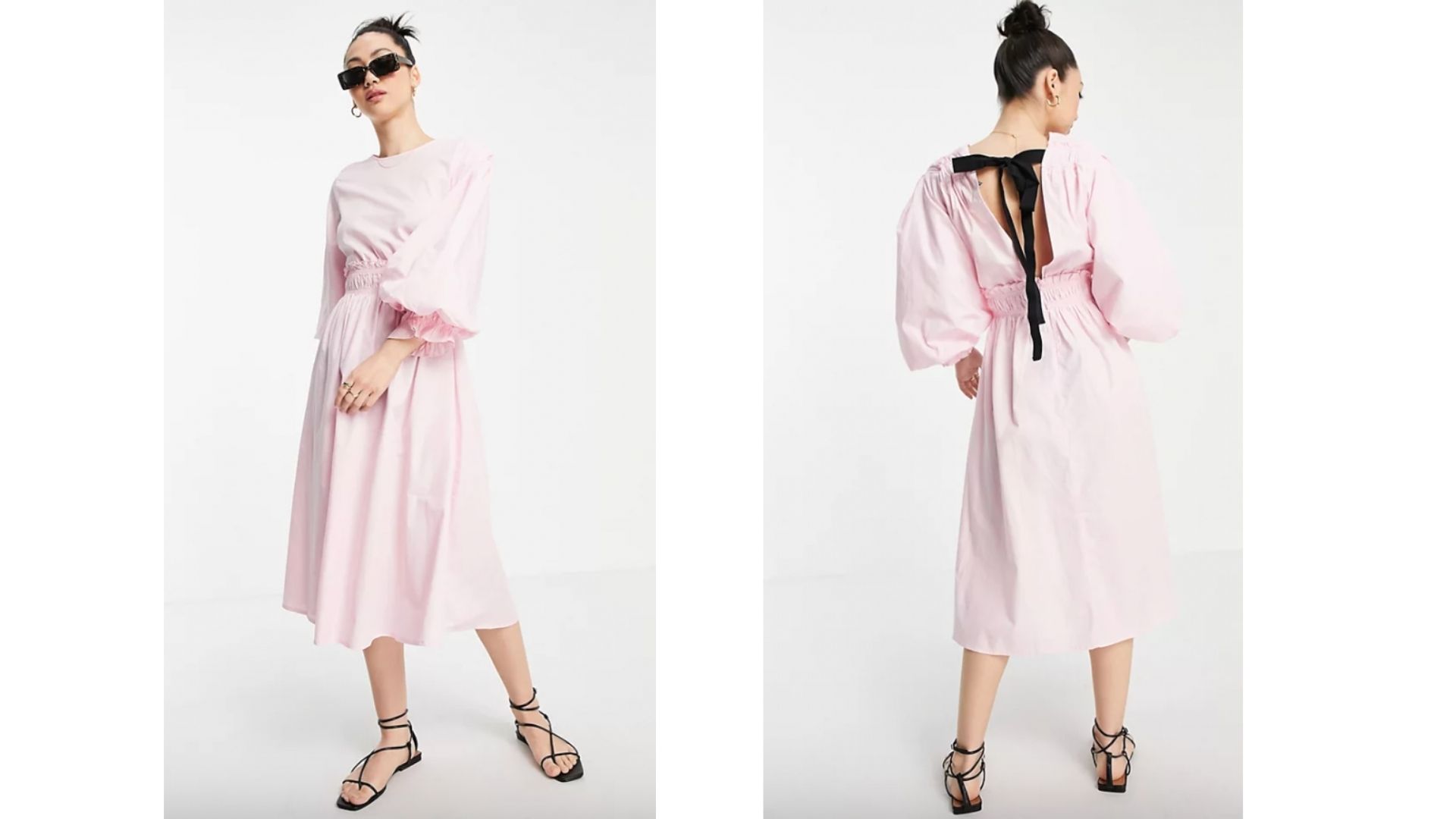 Robe-longueur-midi-en-popeline-de-coton-biologique-avec-fronces-et-rubans-à-nouer-dans-le-dos-Vero-Moda-2865E