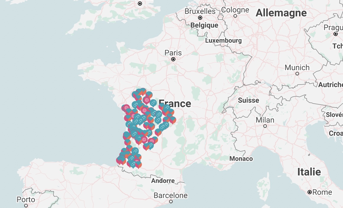 Carte des centres où on peut pratiquer une IVG dans le Sud-Ouest de la France