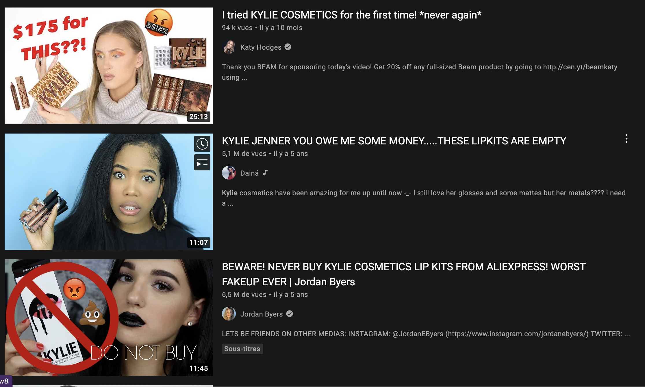 Mauvaises reviews de Kylie Jenner sur Youtube