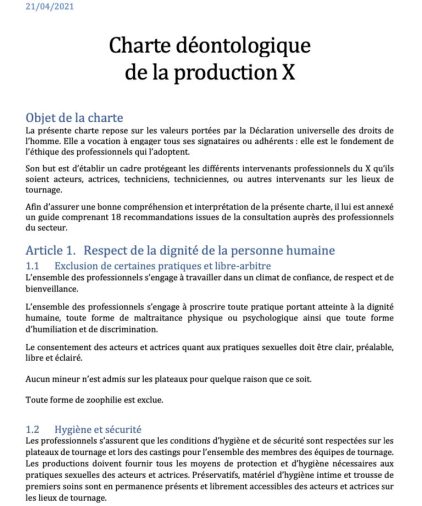 Extrait de la charte déontologique de la production X