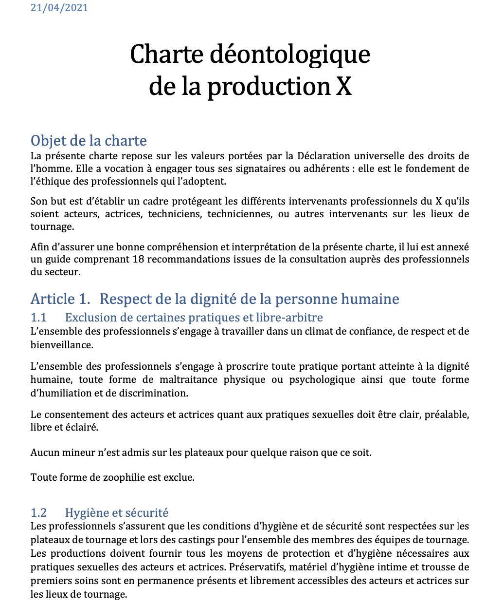 Extrait de la charte déontologique de la production X