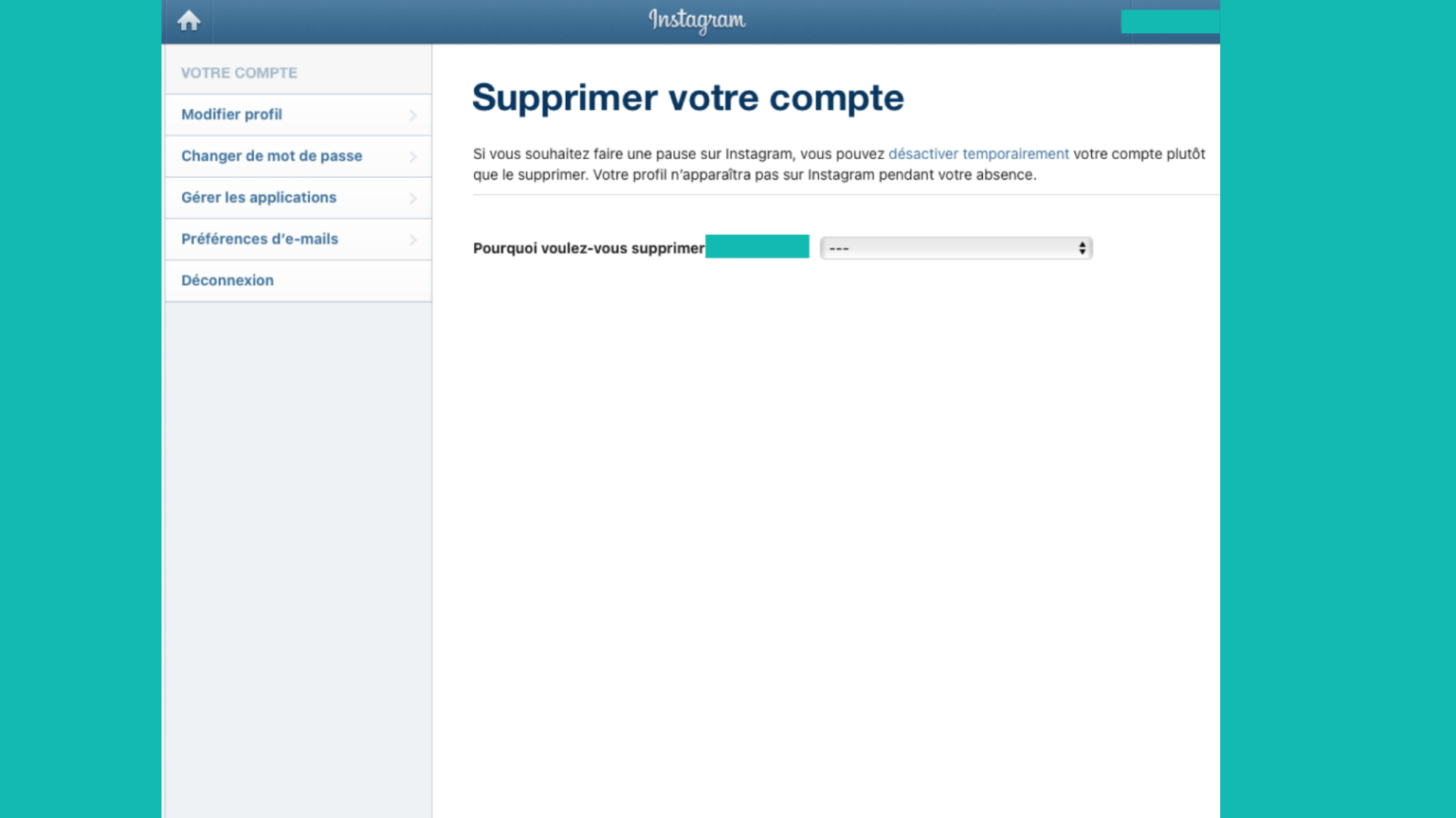 Capture d'écran de l'outil permettant de supprimer un compte Instagram Capture d'écran de l'outil permettant de supprimer un compte Instagram