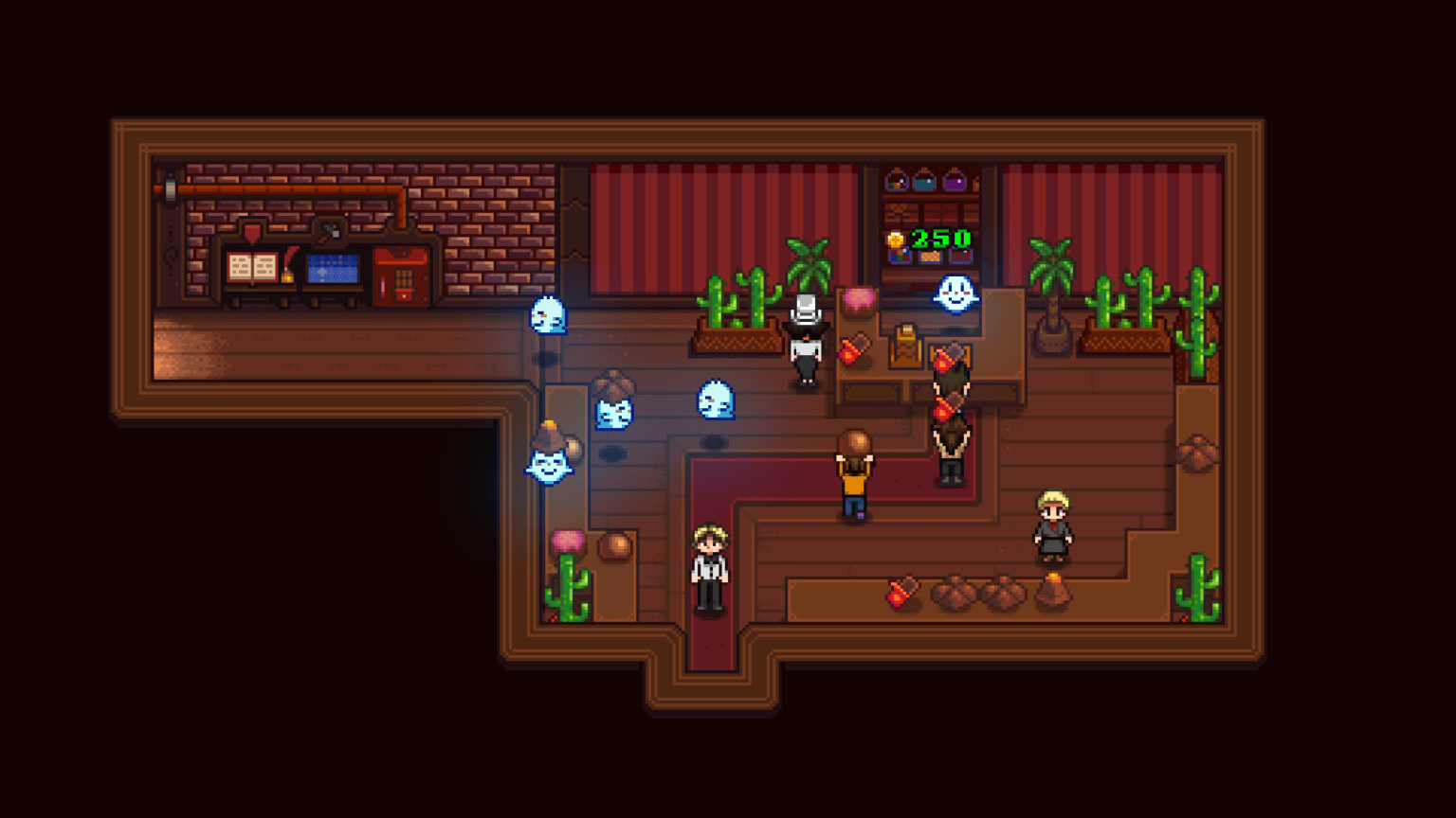 Une capture d'écran du jeu Haunted Chocolatier : des petits fantômes vendent du chocolat. Une capture d'écran du jeu Haunted Chocolatier : des petits fantômes vendent du chocolat.