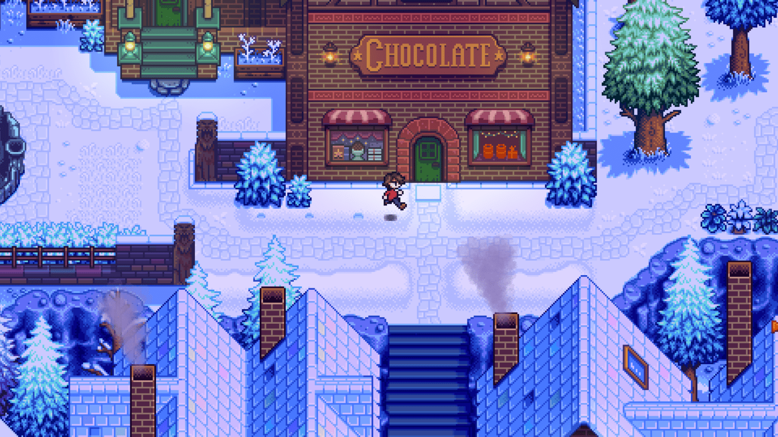Une capture d'écran du jeu Haunted Chocolatier : un petit héros en pixel art entre dans un magasin de chocolat.