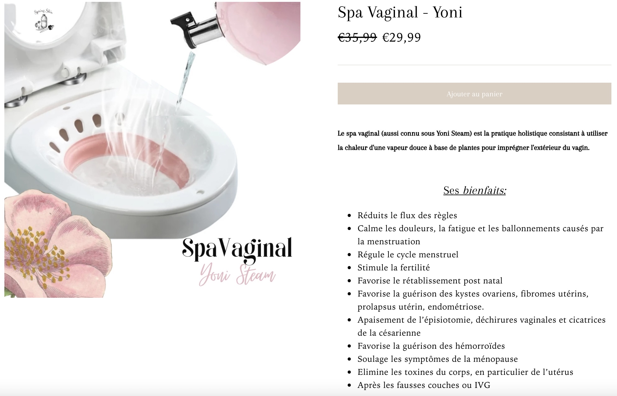 Une capture d'écran du site de Spring Skin qui montre la bassine utilisée pour les bains de vapeur vaginaux. Une capture d'écran du site de Spring Skin qui montre la bassine utilisée pour les bains de vapeur vaginaux.