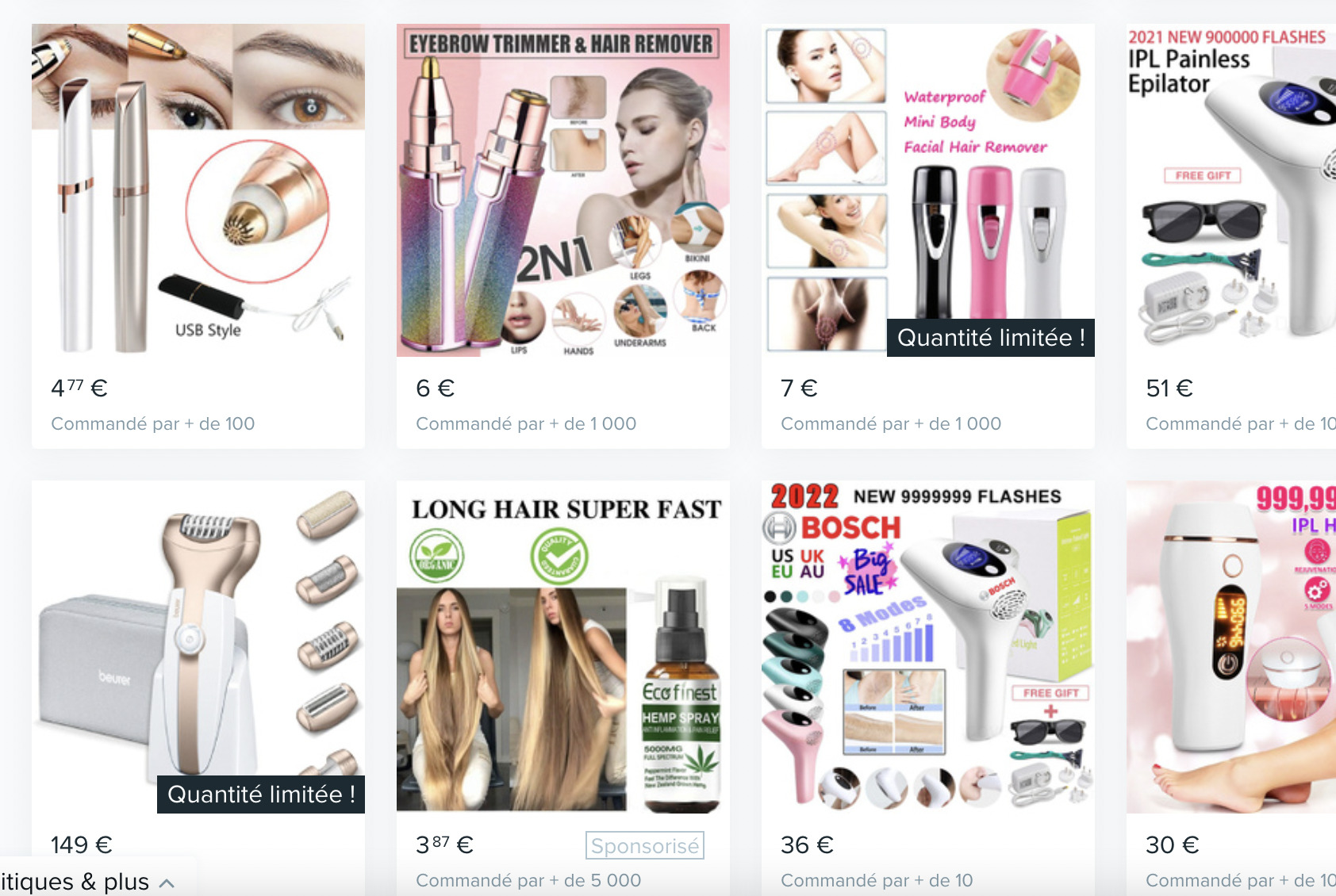 Capture d’écran des résultats de recherche pour « épilateur » sur Wish, le 24 novembre 2021.