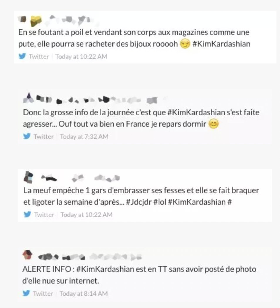 Extraits des premières réactions dénouées d'empathie de personnes utilisatrices de Twitter le jour du cambriolage de Kim Kardashian.
