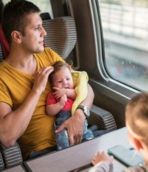 homme avec ses enfants dans le train