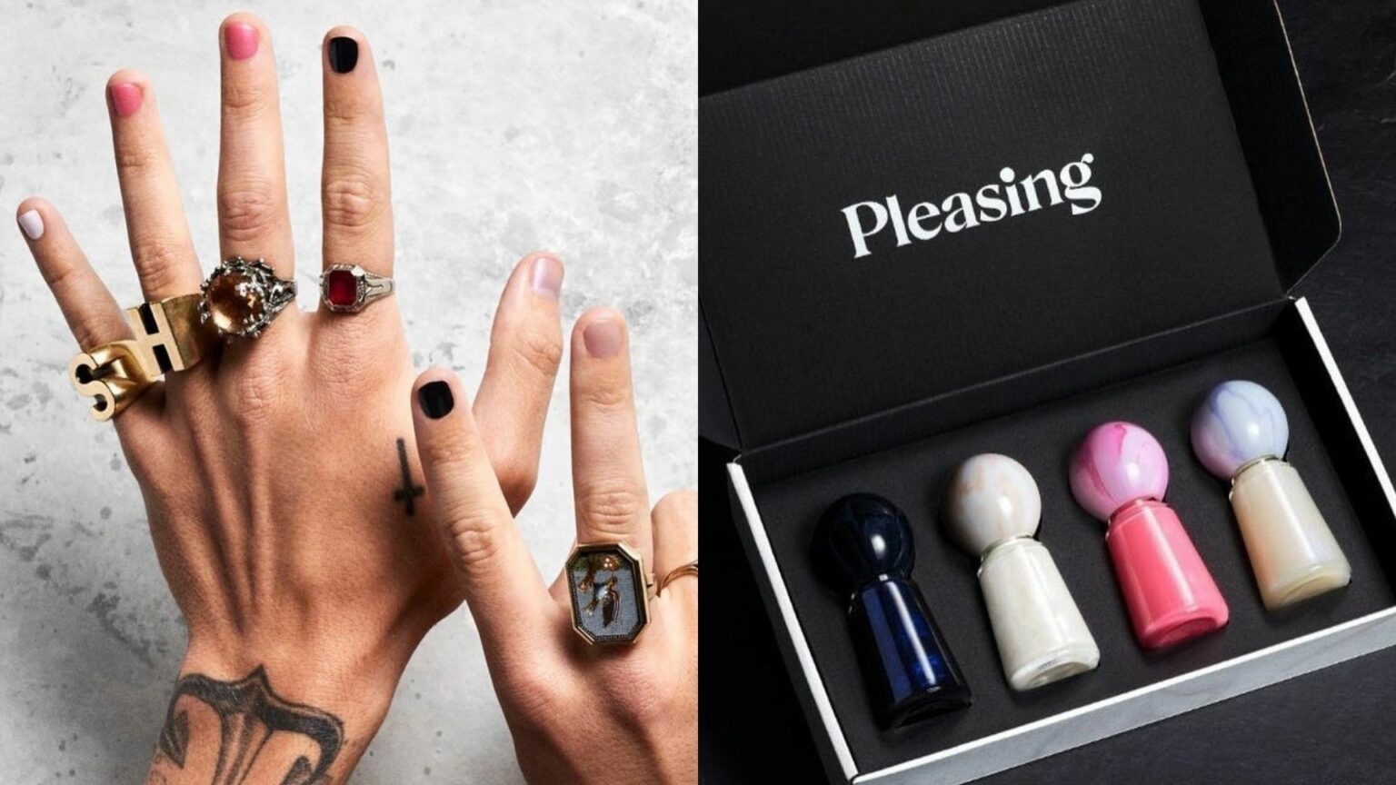 Les mains d'Harry Styles portant du venis à ongles et les bouteilles de vernis de la marque Pleasing Les mains d'Harry Styles portant du venis à ongles et les bouteilles de vernis de la marque Pleasing