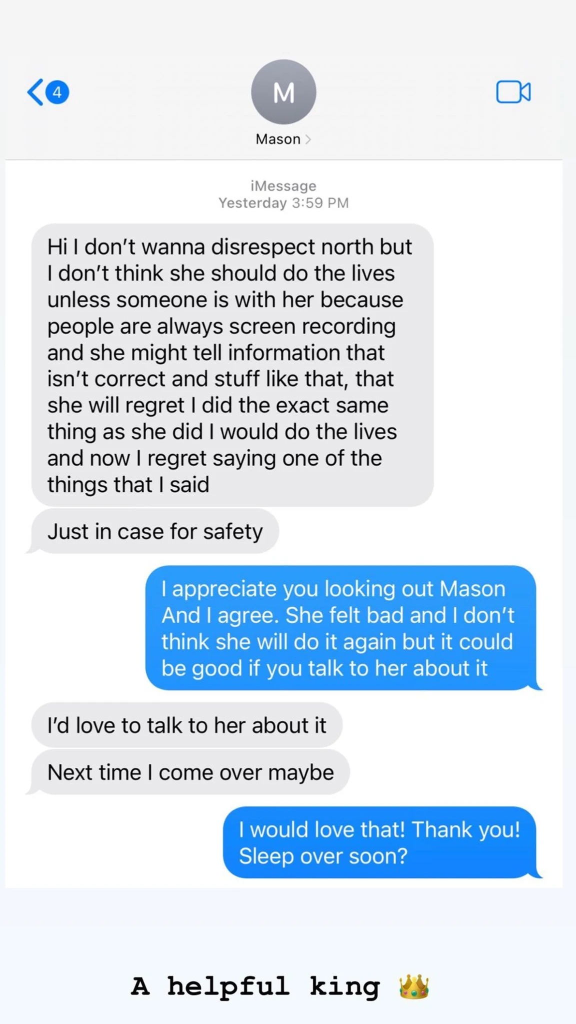 Capture d'écran d'une story Instagram de Kim Kardashian d'un échange de texto qu'elle aurait eu avec Mason Disick, son neveu de 12 ans, à propos de l'usage de TikTok par North West.