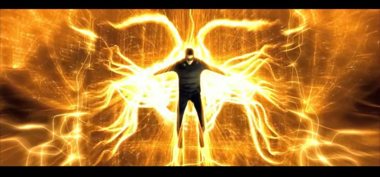 Neo disparaissant dans la lumière à la fin de Matrix Revolutions. Neo disparaissant dans la lumière à la fin de Matrix Revolutions.