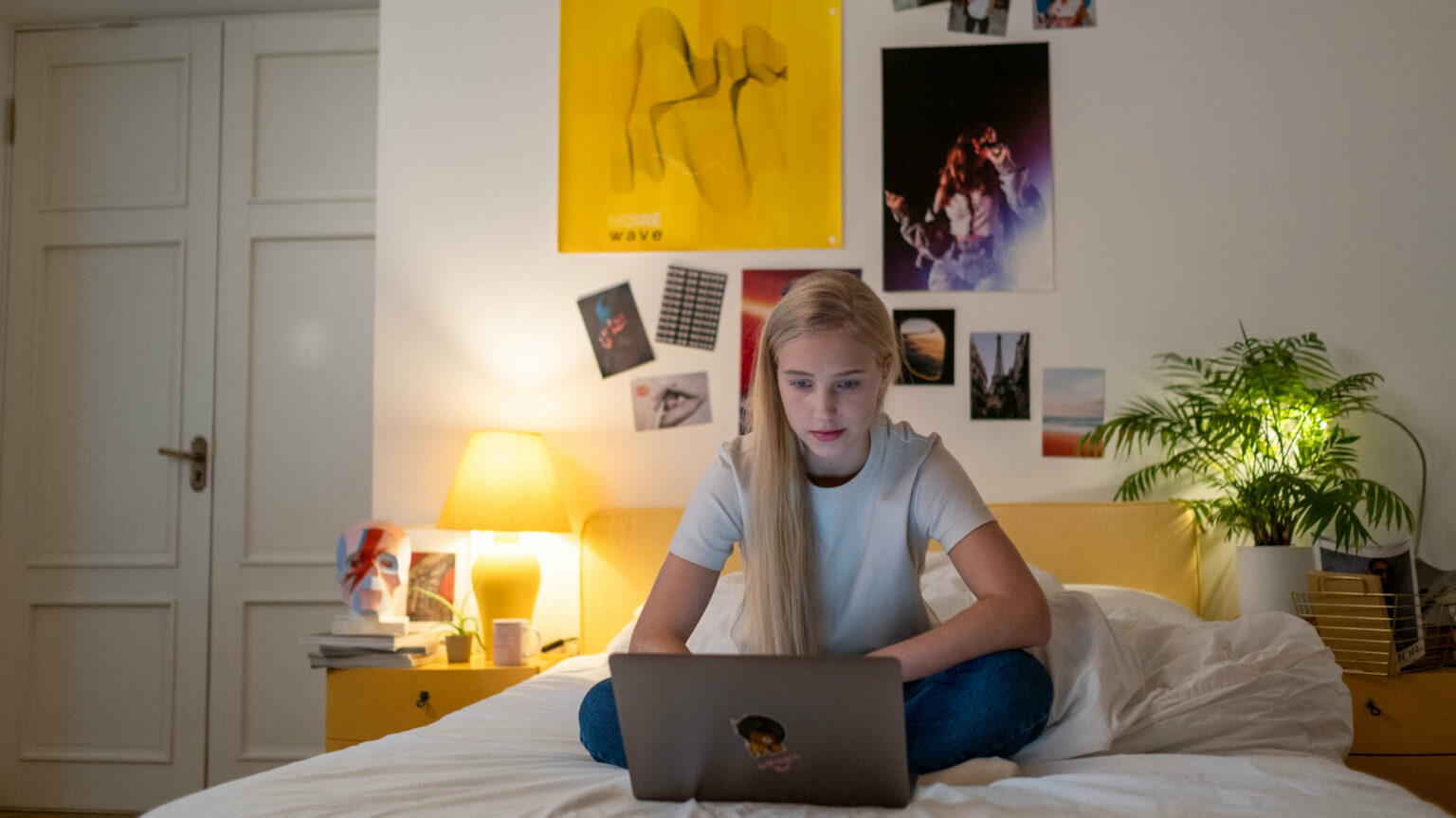 Une adolescente sur un ordinateur, sur son lit. Une adolescente sur un ordinateur, sur son lit.