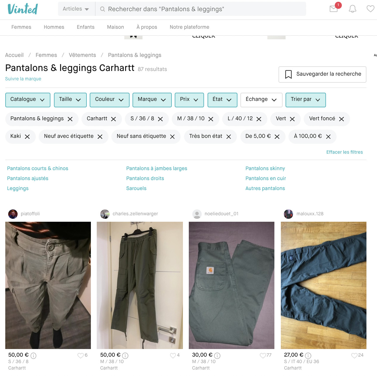 Example of a well-filtered search without a keyword for cargo pants. © Screenshot Vinted.