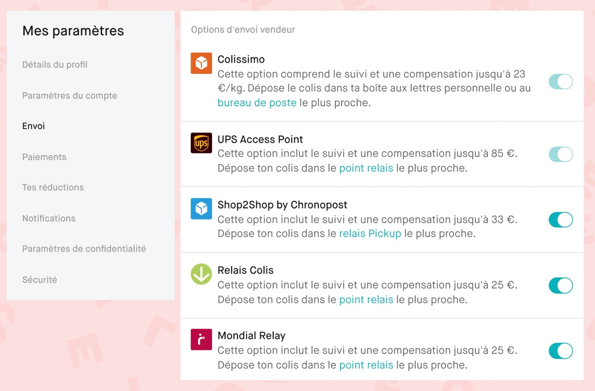 Les différentes options d'envoi vendeur sur Vinted. © Capture d'écran Vinted.
