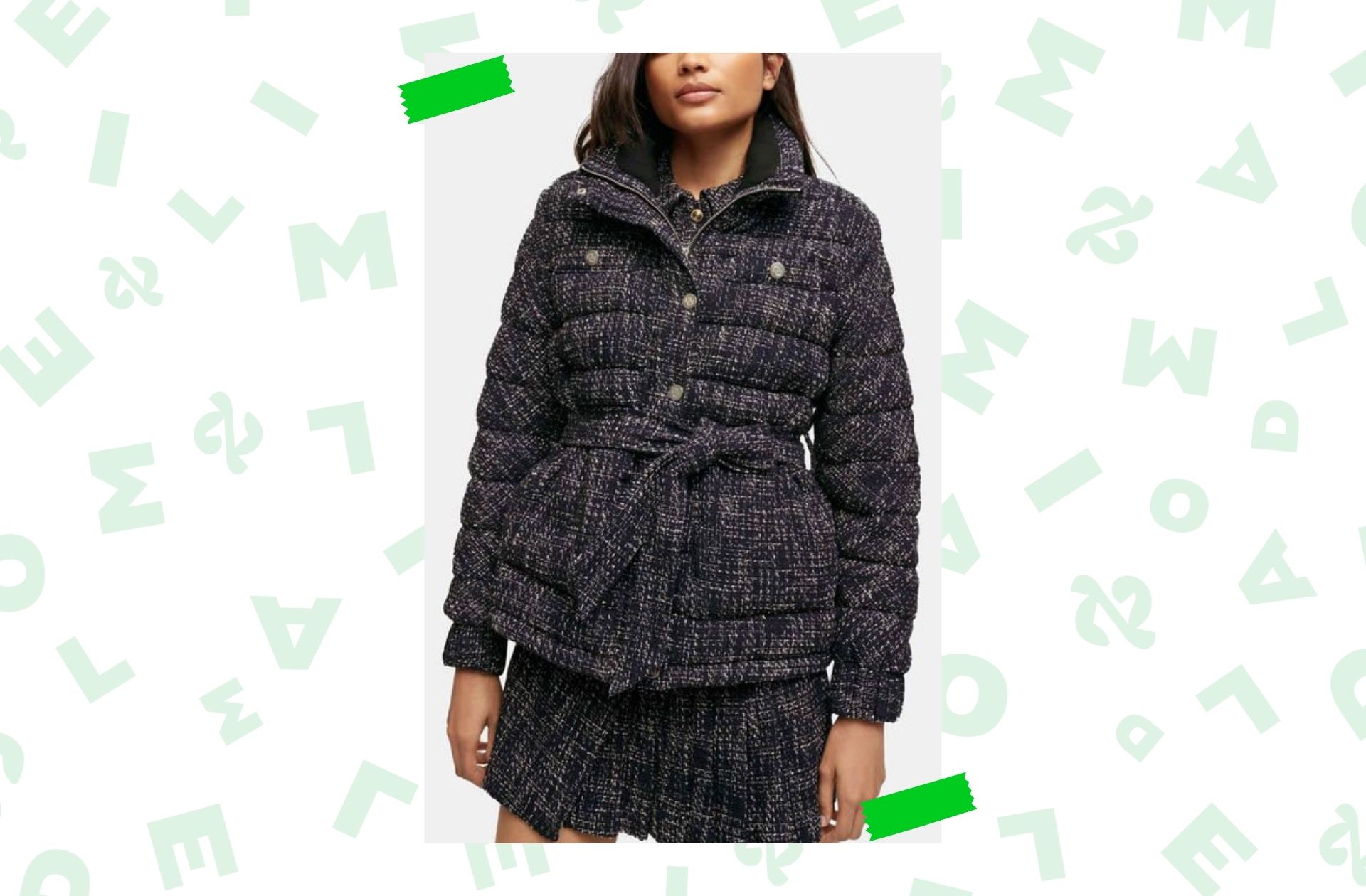 MAJE-—-Doudoune-Ganetta-façon-tweed-ceinturée