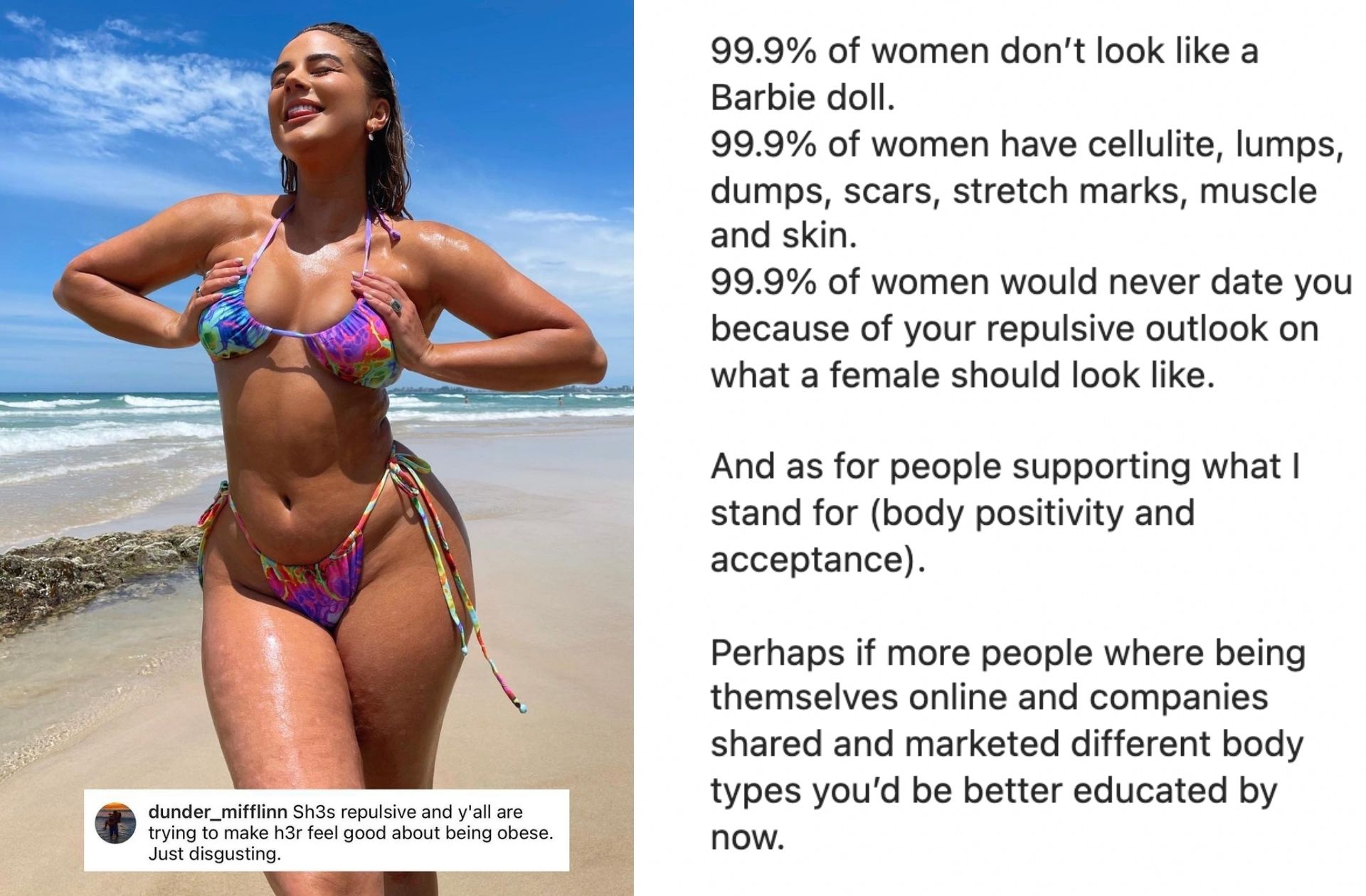 « 99,9% des femmes ne ressemblent pas à une poupée Barbie » écrit @karinairby en réponse à un hater grossophobe et misogyne. « 99,9% des femmes ne ressemblent pas à une poupée Barbie » écrit @karinairby en réponse à un hater grossophobe et misogyne.