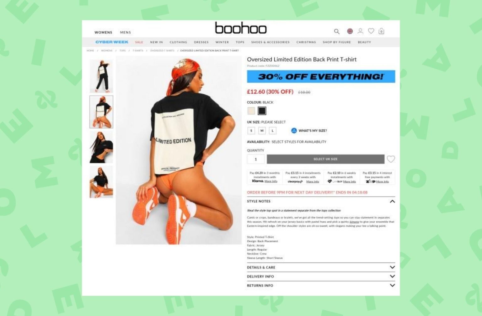 Boohoo cherchait à vendre des t-shirts sur une mannequin en string, agenouillée, les jambes écartées. © Capture d'écran du site britannique de Boohoo.