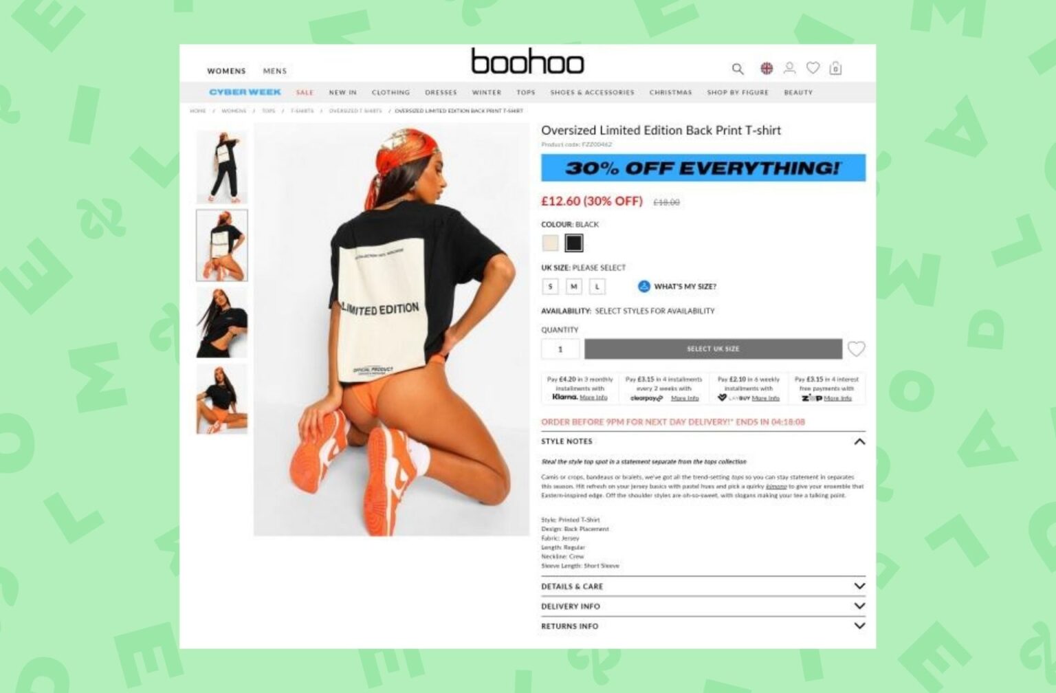 Boohoo cherchait à vendre des t-shirts sur une mannequin en string, agenouillée, les jambes écartées. © Capture d'écran du site britannique de Boohoo. Boohoo cherchait à vendre des t-shirts sur une mannequin en string, agenouillée, les jambes écartées. © Capture d'écran du site britannique de Boohoo.