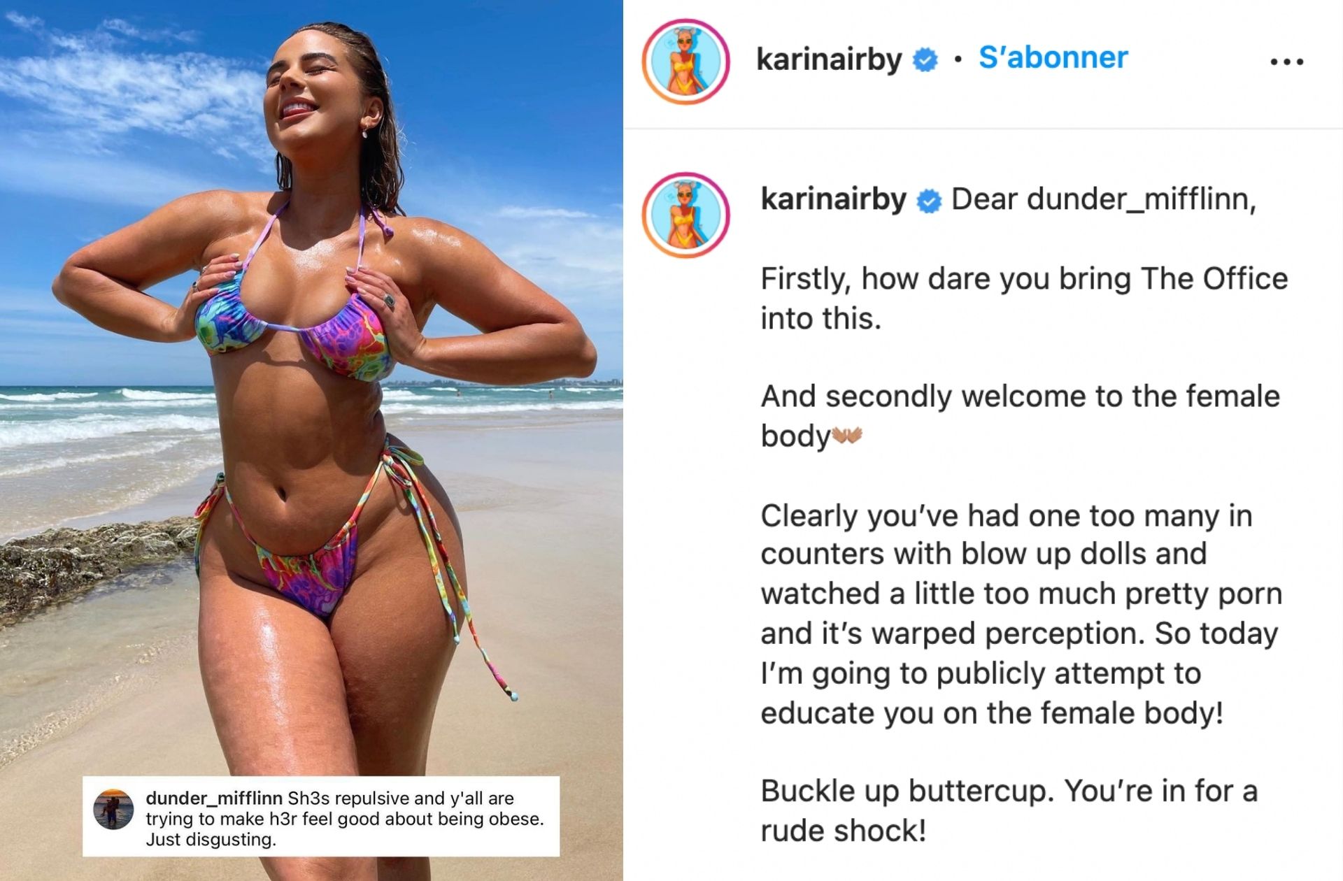 « Bienvenue face à un corps féminin » répond @KarinaIrby au message grossophobe et misogyne d'un hater anonyme.