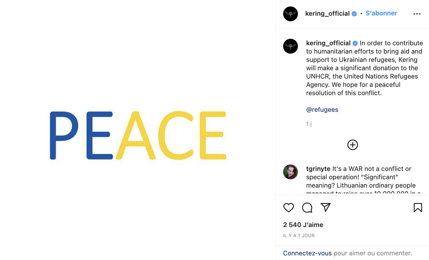 Capture d'écran Instagram datée du 2 mars 2022 de Kering qui déclare donné à l'UNHCR.