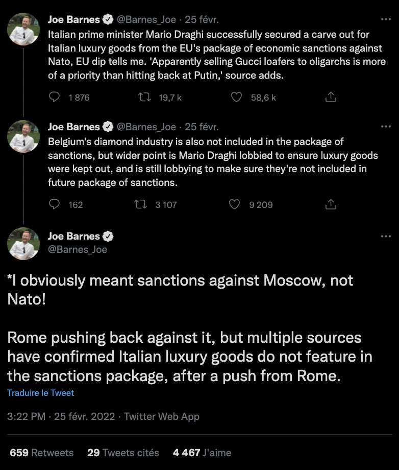 Capture d'écran Twitter datée du 3 mars 2022 de Joe Barnes qui prétend que l'Italie aurait voulu épargner ses produits de luxe de sanctions à l'encontre de sa clientèle Russe. 