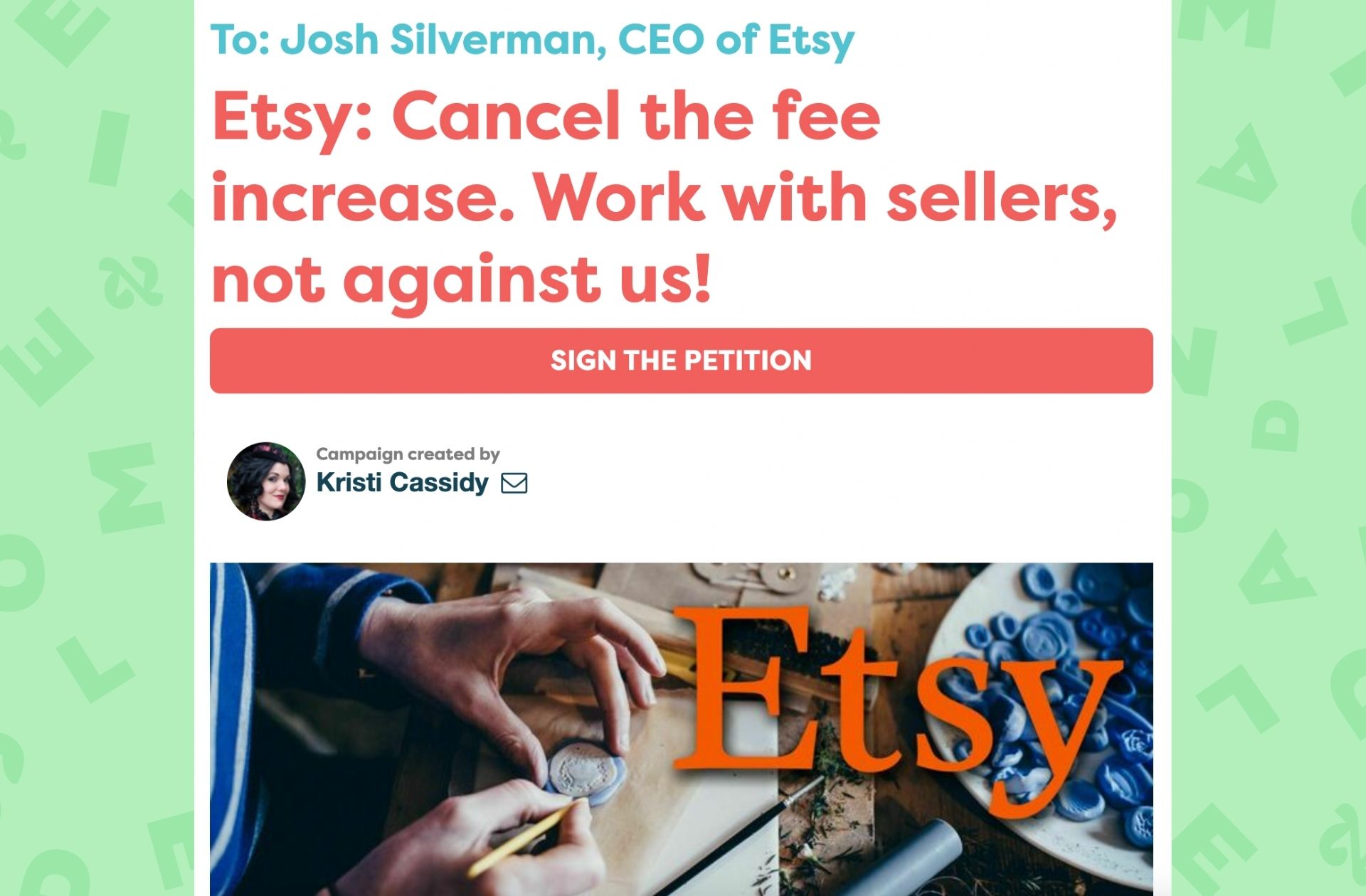 Capture d’écran de l’entête de la pétition contre Etsy Capture d’écran de l’entête de la pétition contre Etsy