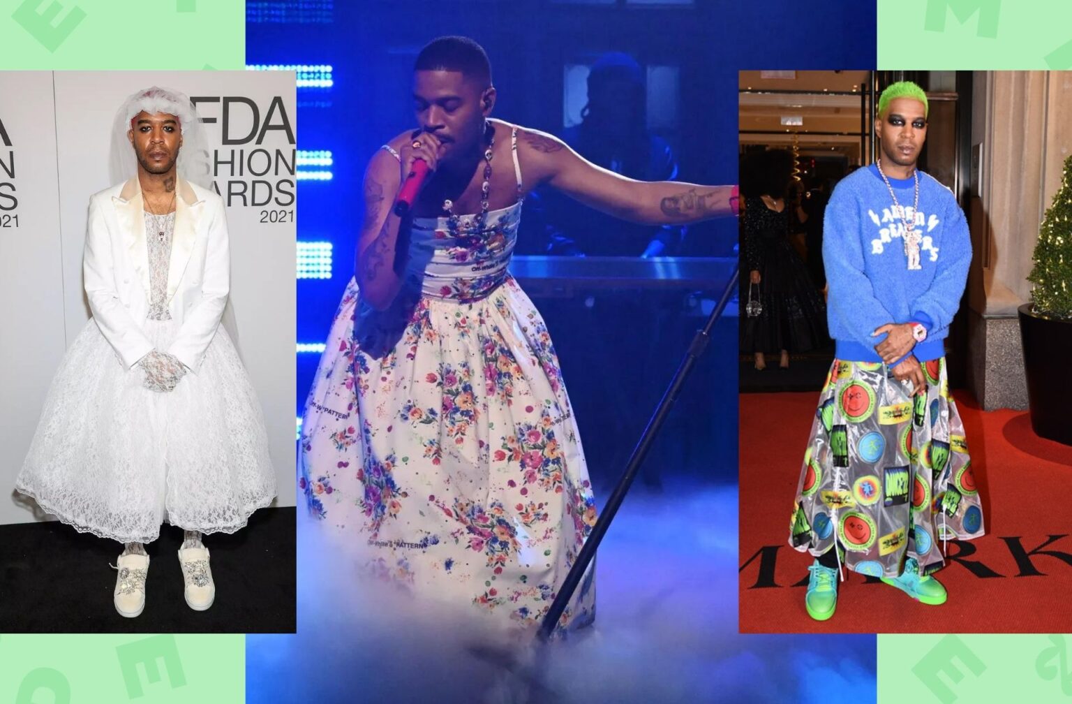 De gauche à droite : Kid Cudi aux CFDA, à SNL, et au Met Gala en 2021. © Capture d'écran Instagram.
